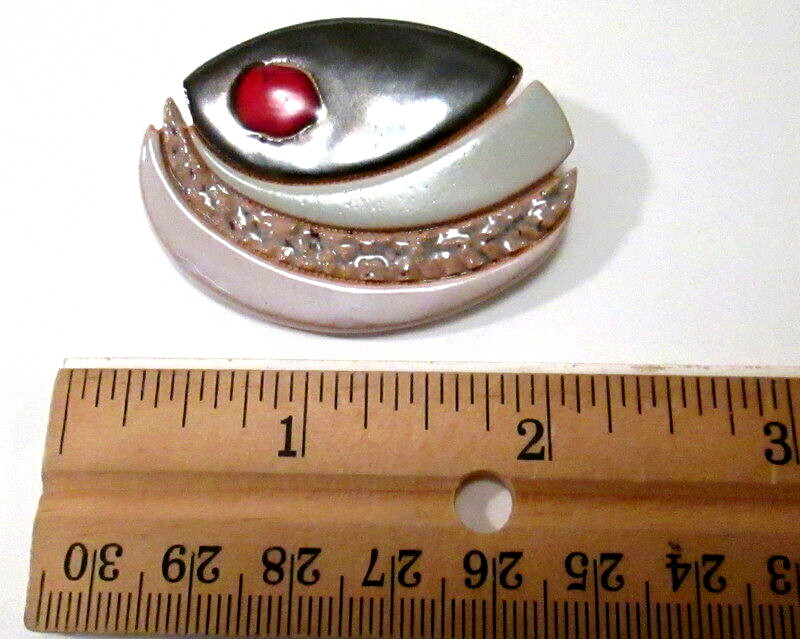 Contemporary Brooch Pin MCM Ceramic & Enamel Artist Signed Erna G Abstract Oval