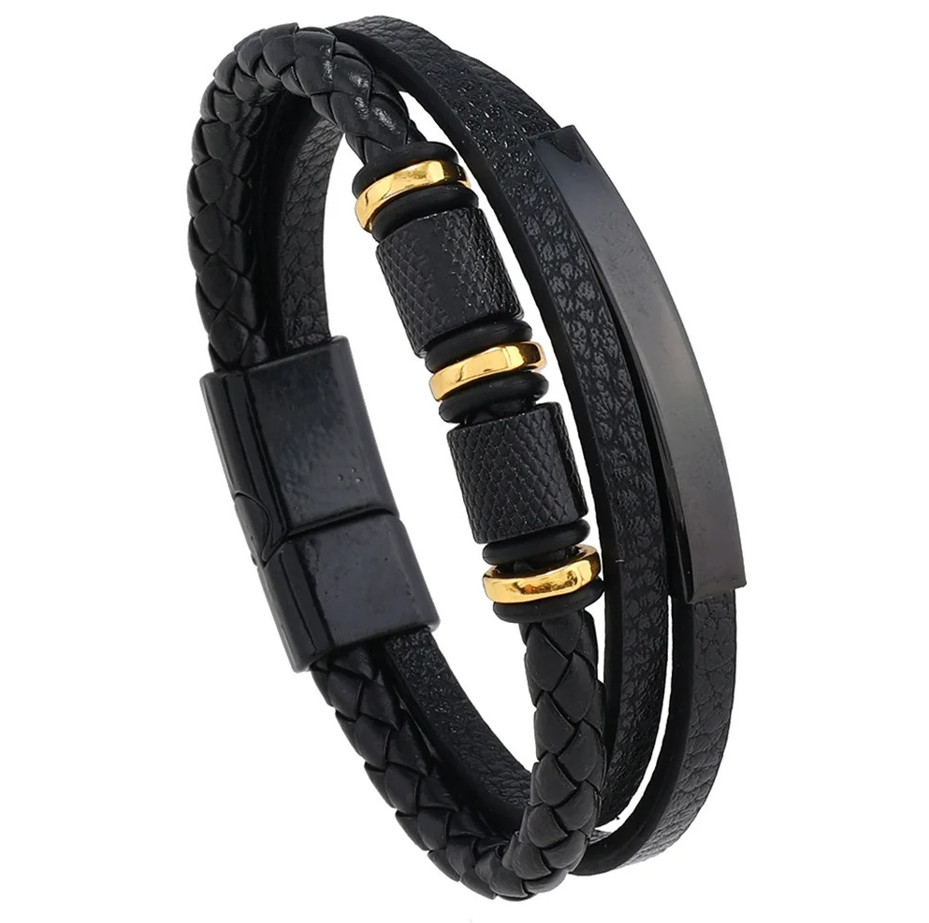Men’s Multilayer Braided Leather Bracelet with Stainless Steel Clasp 21cm