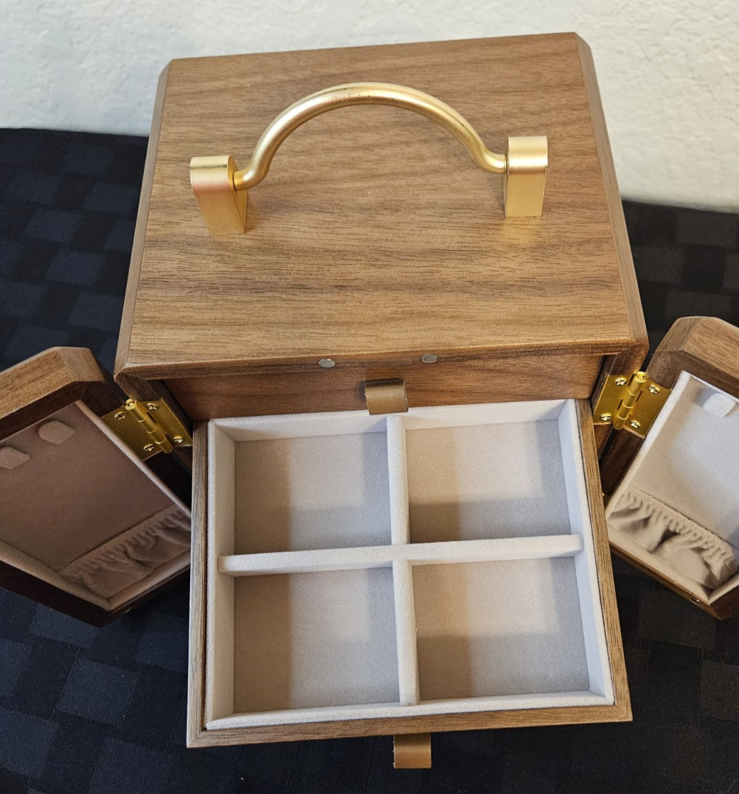 Black Walnut Wooden Jewelry Organizer With Painted Mirror Doors & Brass Handles