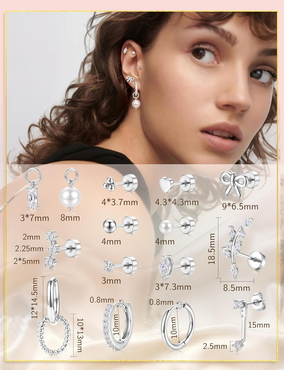 15 Pairs Stud Hoop Earrings for Women, Flat Back Cartilage Earring Set, Helix Tr