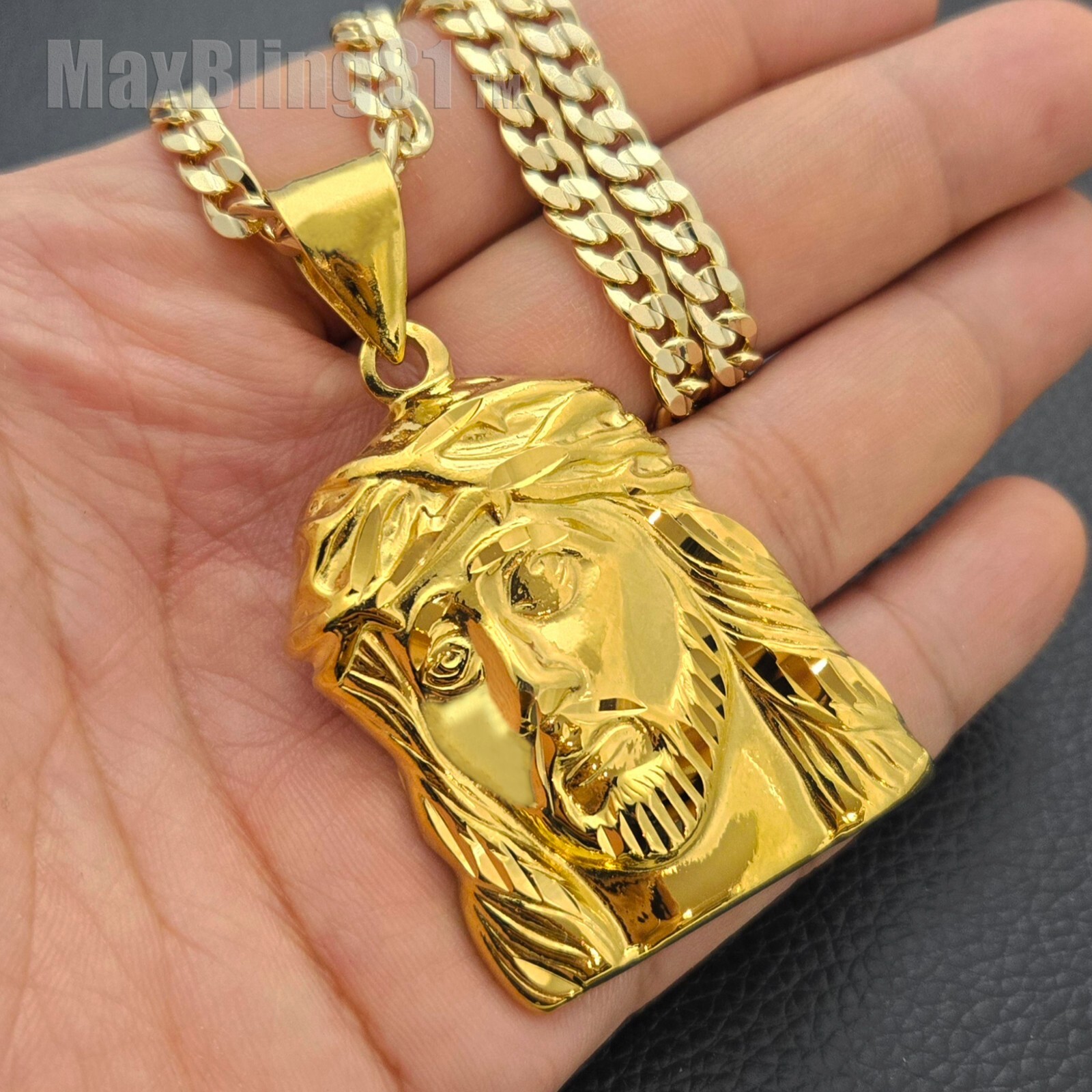 Brass Jesus Portrait Holy Gold Plated Pendant & 14K Stamped Cuban Chain Necklace
