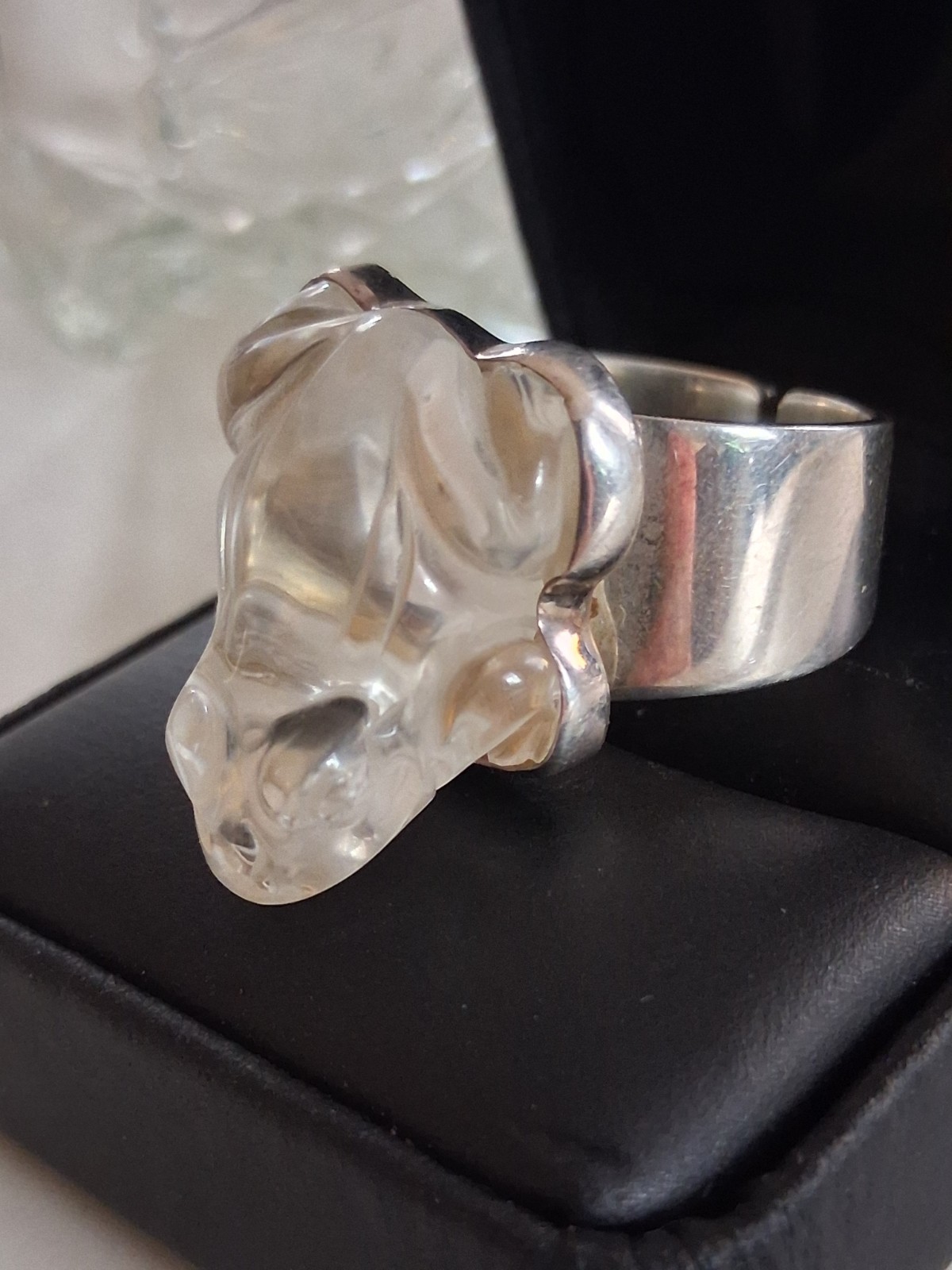 Hand Carved Rock Crystal Quartz Frog Statement Ring Size 10 Sterling Silver NIB