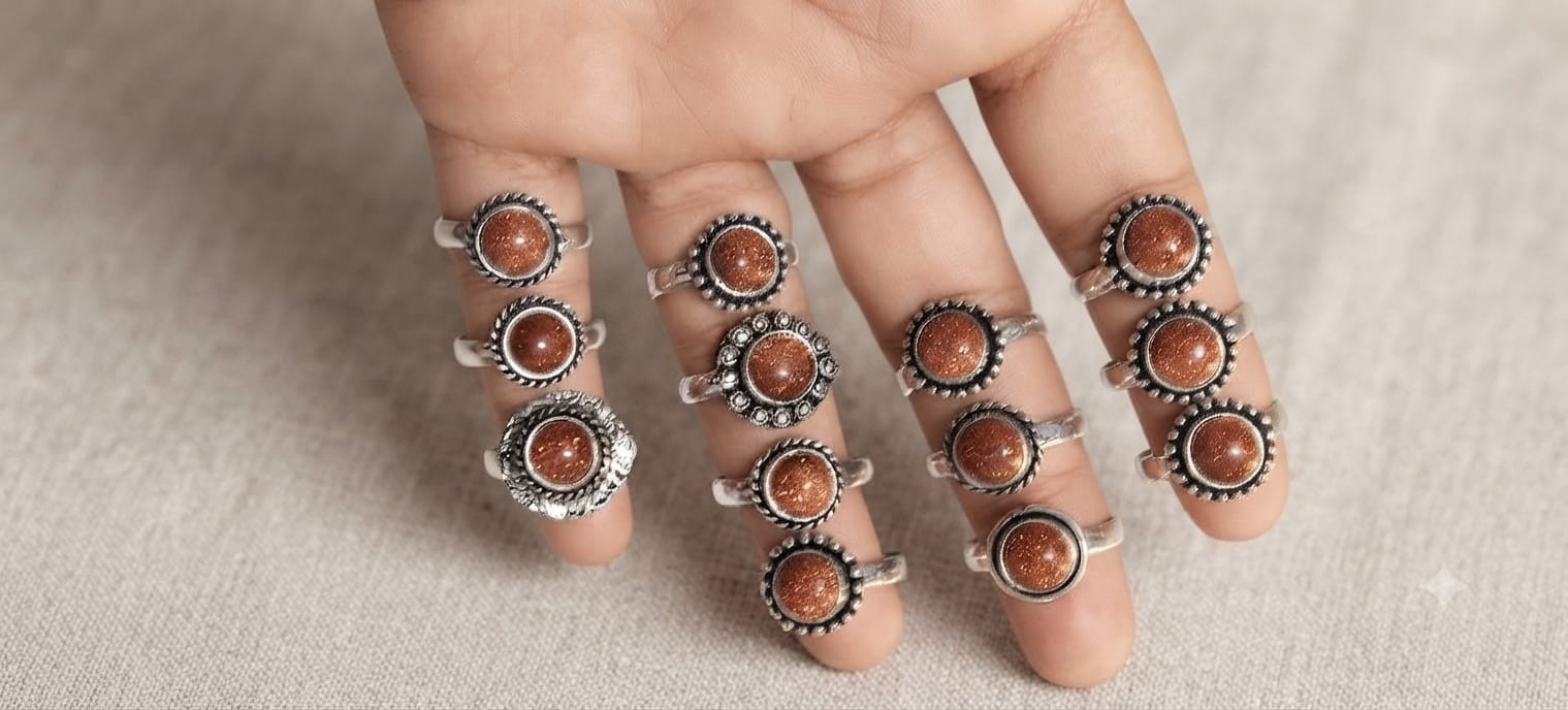 Handmade Sterling Silver Plated Mix Size Brown Sun Stone Ring Wholesale Lot.