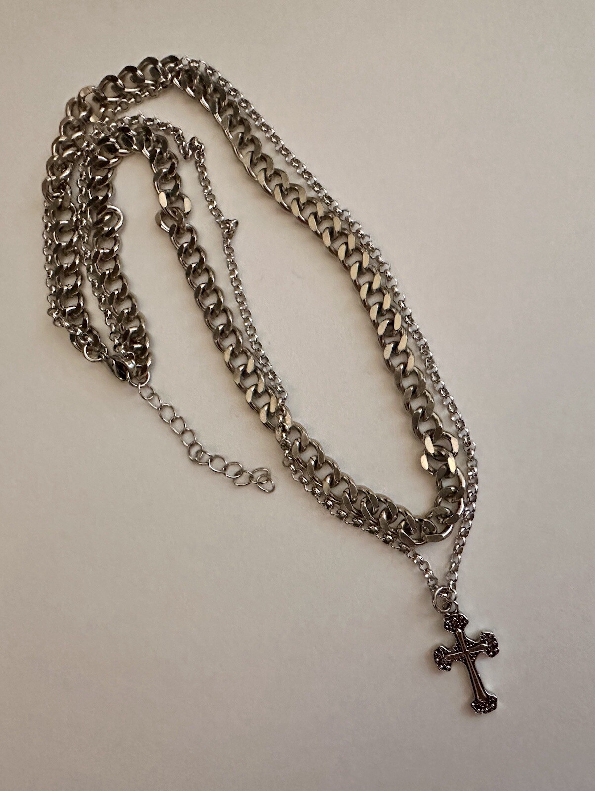 Mens Double Layer Cross Necklace Stainless Steel Chain Hip Hop Unisex Women New