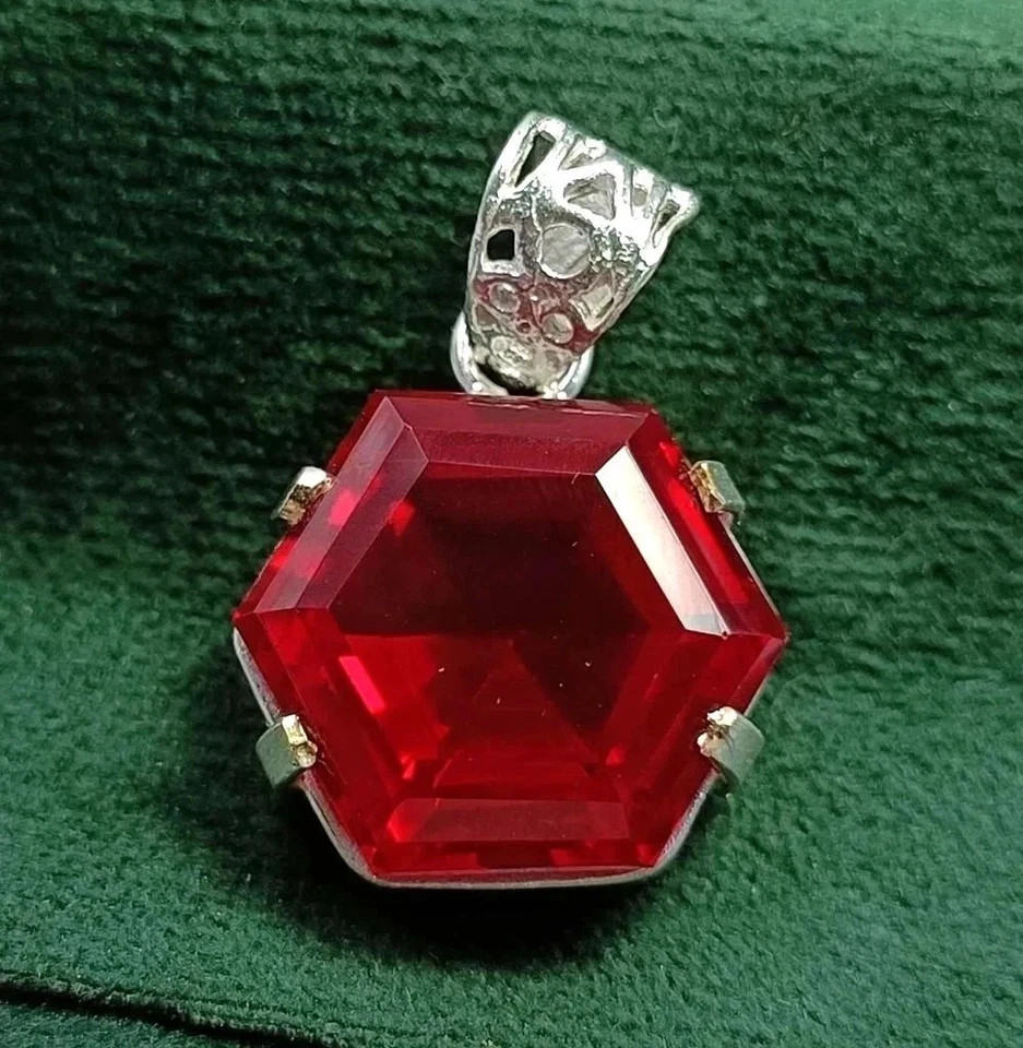 31 Ct Natural Red Ruby Hexagon Cut 925 Solid Silver Certified Gemstone Pendant