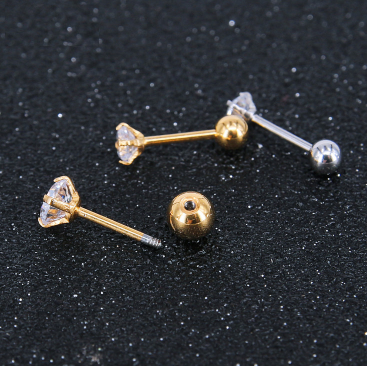 Unisex Surgical Steel Ball Back Screw Stud Earrings Prong Set CZ Inlaid 4MM PE30