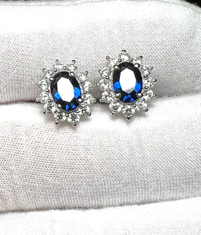 Blue Sapphire & Moissanite Stud Earrings – 925 Solid Sterling Silver Earrings