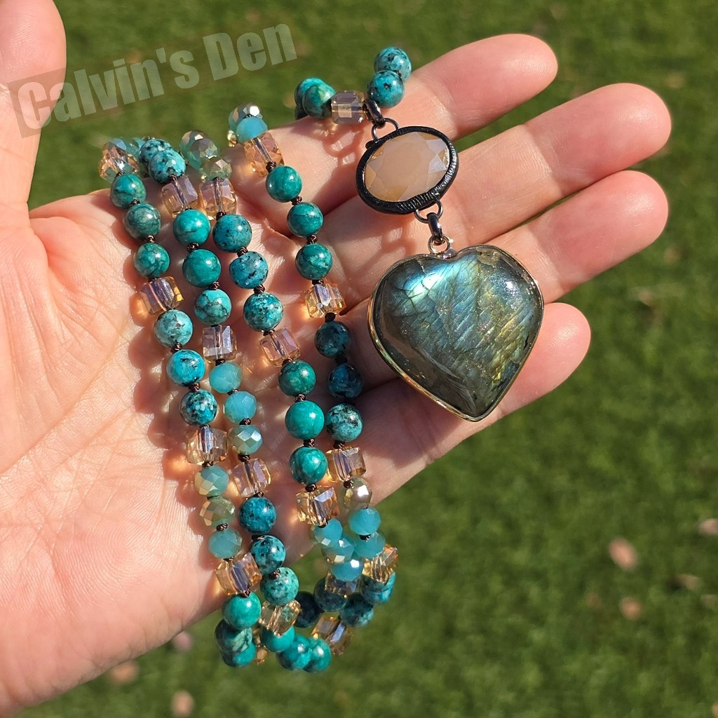 Labradorite Heart Pendant Necklace African Turquoise Jasper Beads Gift Boho