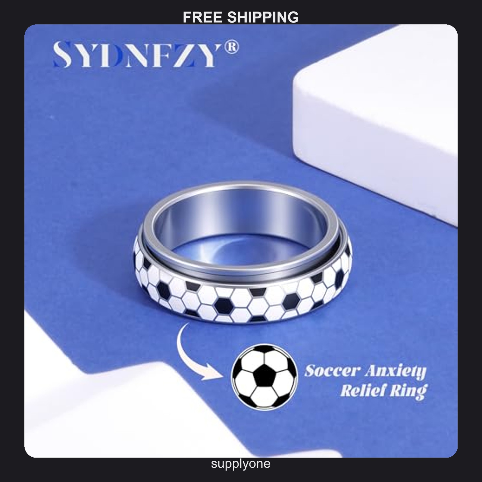 Stainless Steel Soccer Spinner Fidget Ring Size 7 Silver Sports Jewelry