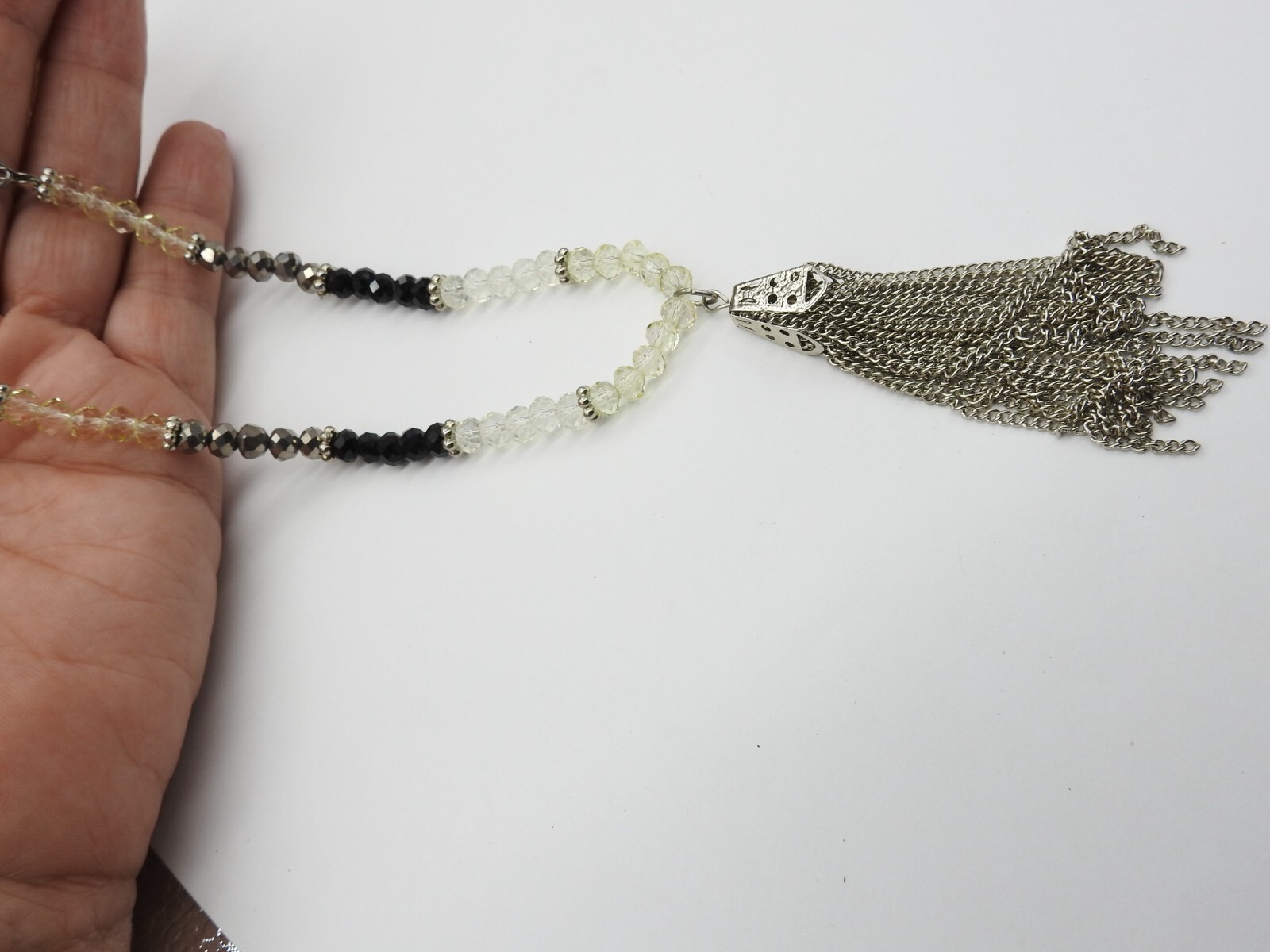 Yellow Gray Black Clear Acrylic Faux Crystal Silver Tone Tassel Necklace Vintage