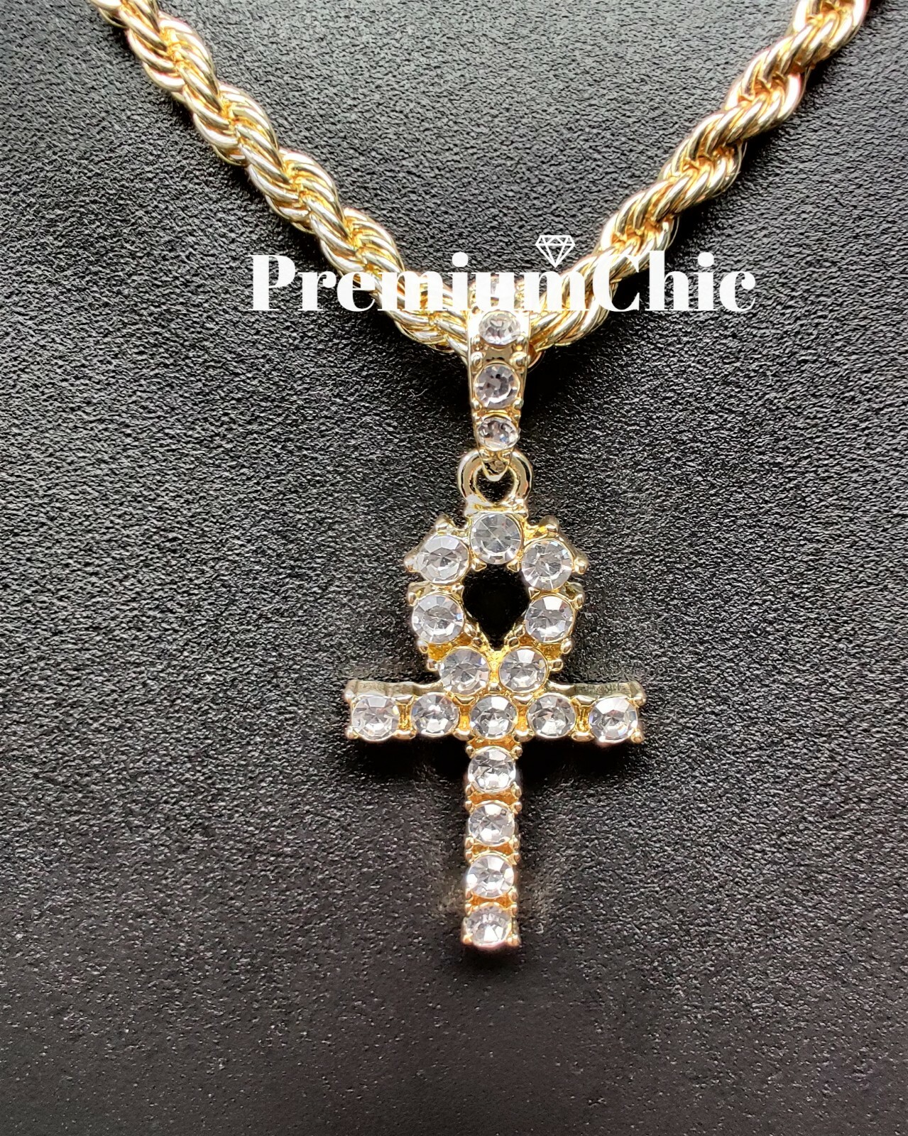 ICED ANKH Cross Pendant and Rope Chain Necklace Mens Hip Hop Plated CZ Jewelry