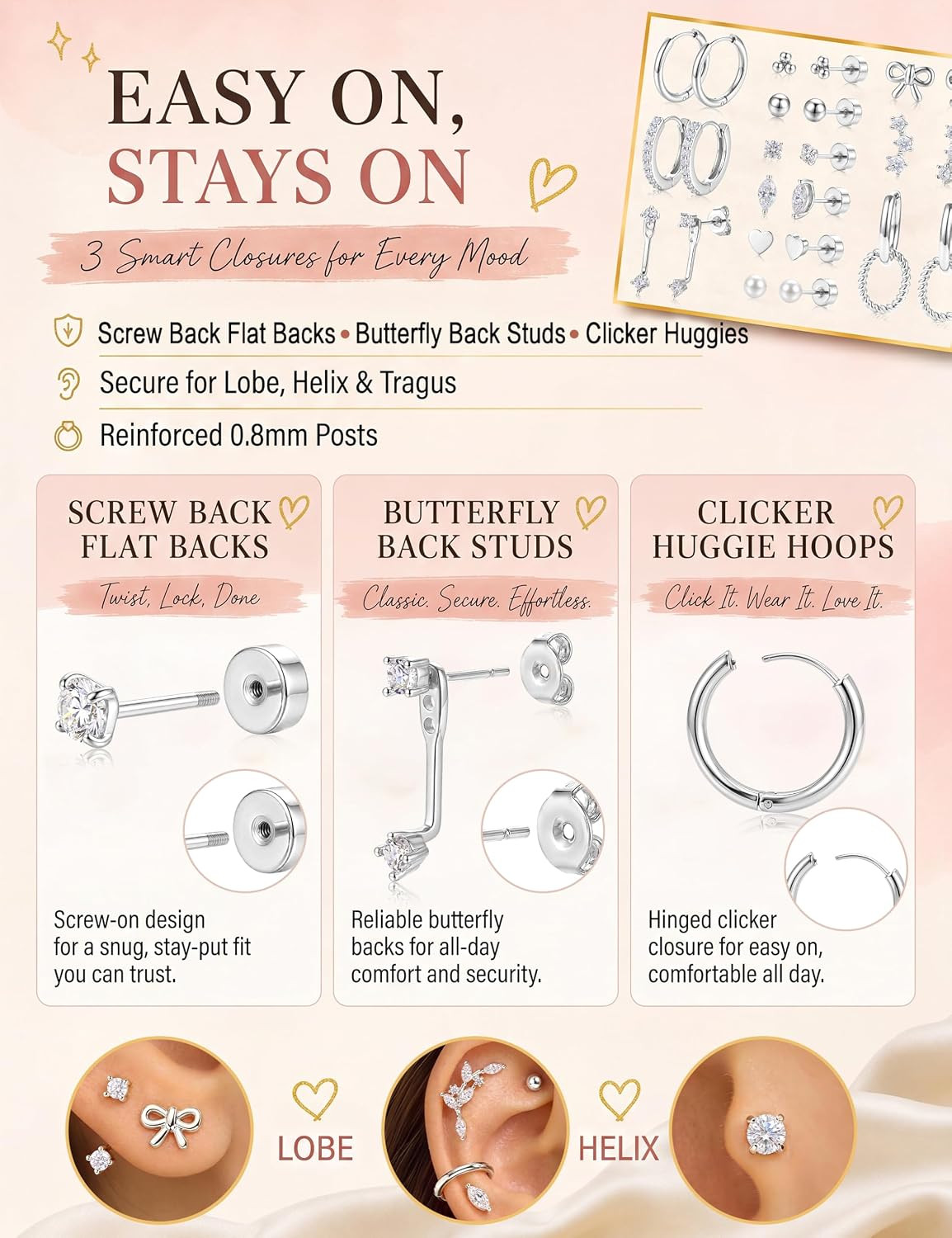 15 Pairs Stud Hoop Earrings for Women, Flat Back Cartilage Earring Set, Helix Tr