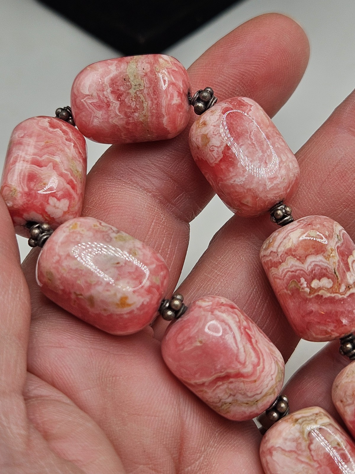 Hand Crafted Rhodochrosite Chunky Beaded Statement Necklace W/ Sterling…