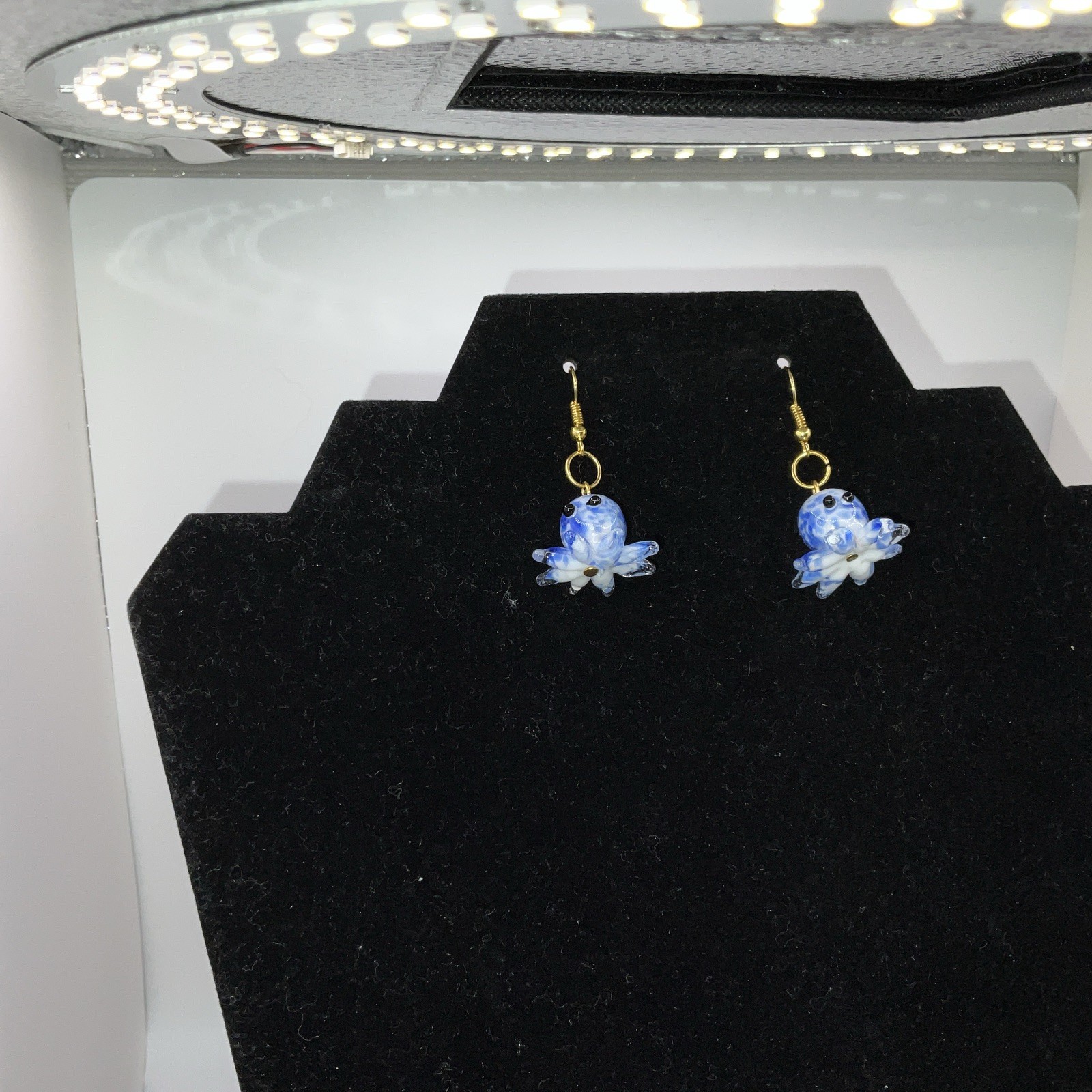 Blue & White Octopus Glass Earrings W/ Backs. Homemade 14k Extra Plated Gold New