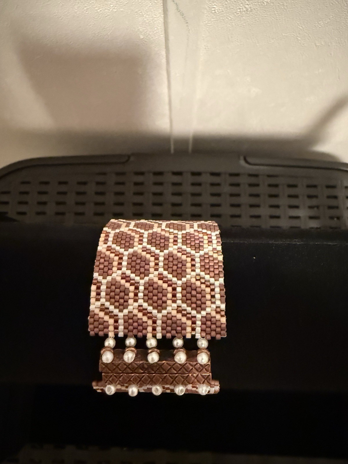 Handmade Honeycomb Seed Bead Brown, White Bracelet. Length- 7.5”.