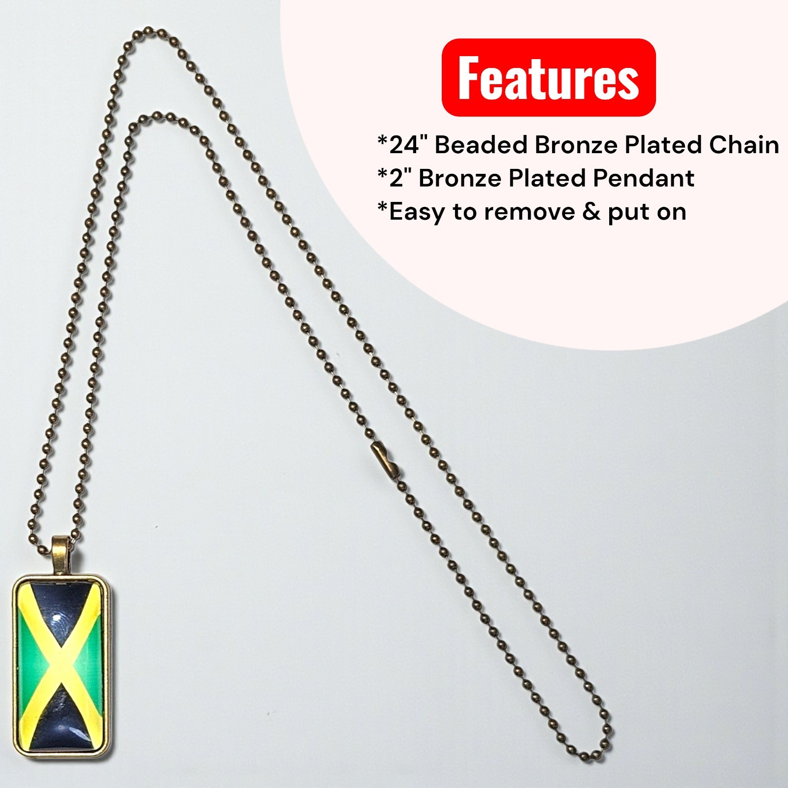 Bronze Plated Jamaica Rectangle Flag Pendant w/ 24″ Beaded Necklace Chain