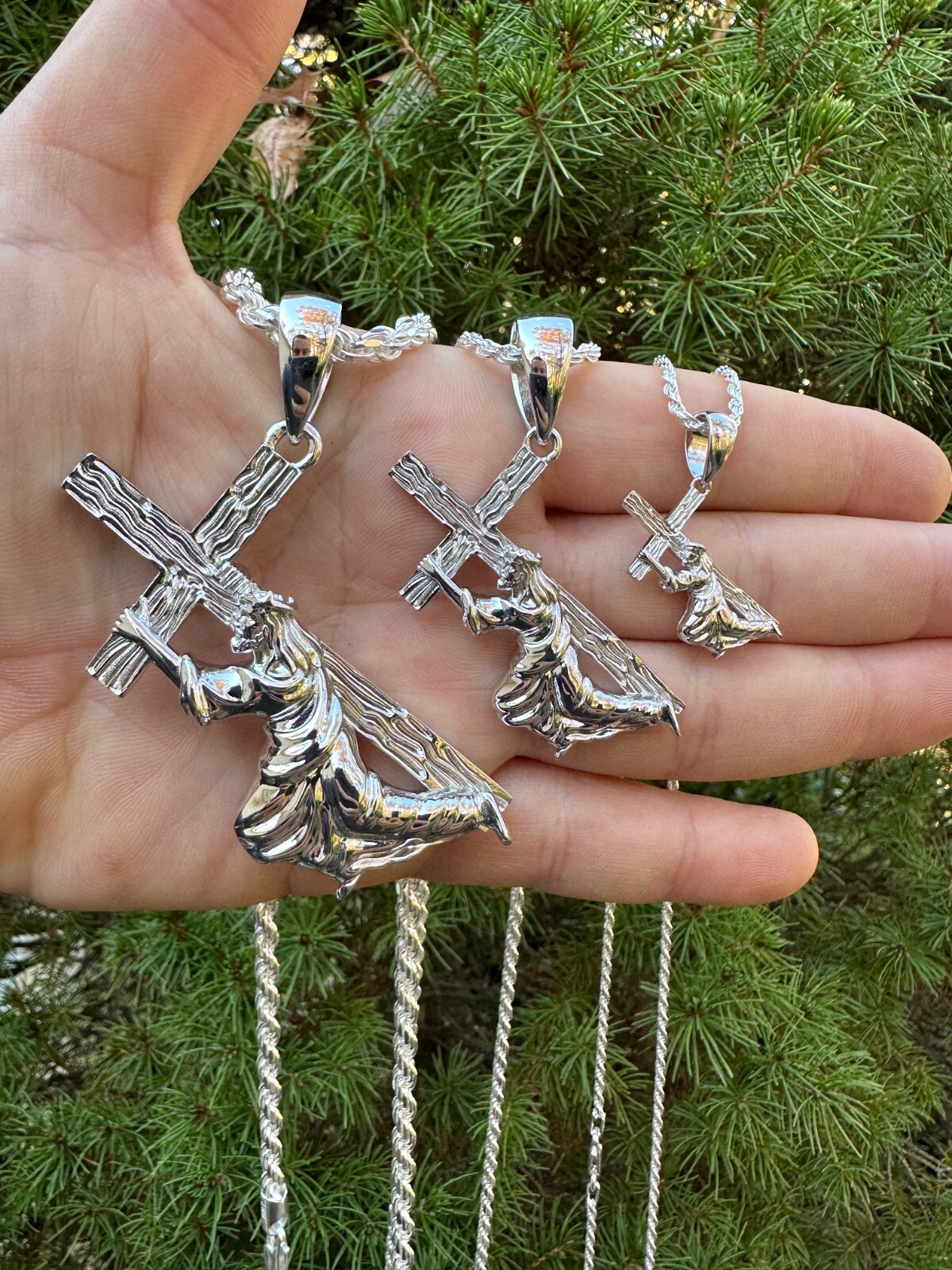 Jesus Carrying Cross Plain Crucifix Pendant Necklace 925 Sterling Silver 3 Sizes