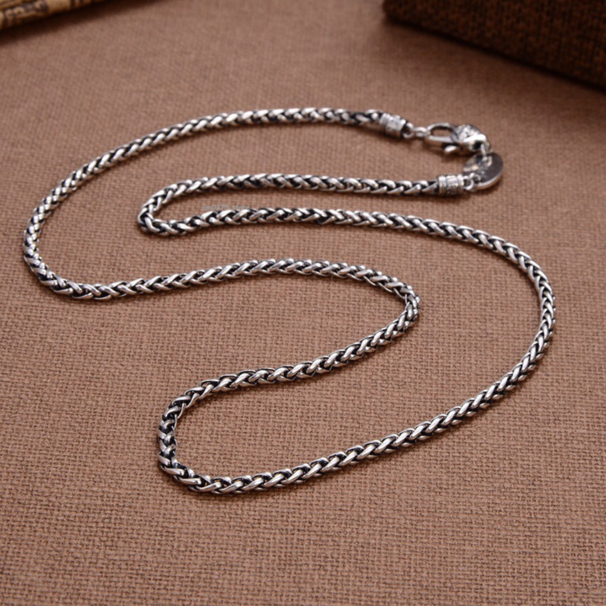 Real S925 Sterling Silver Chain Men Women 3mm Round Wheat Link Chain Necklace