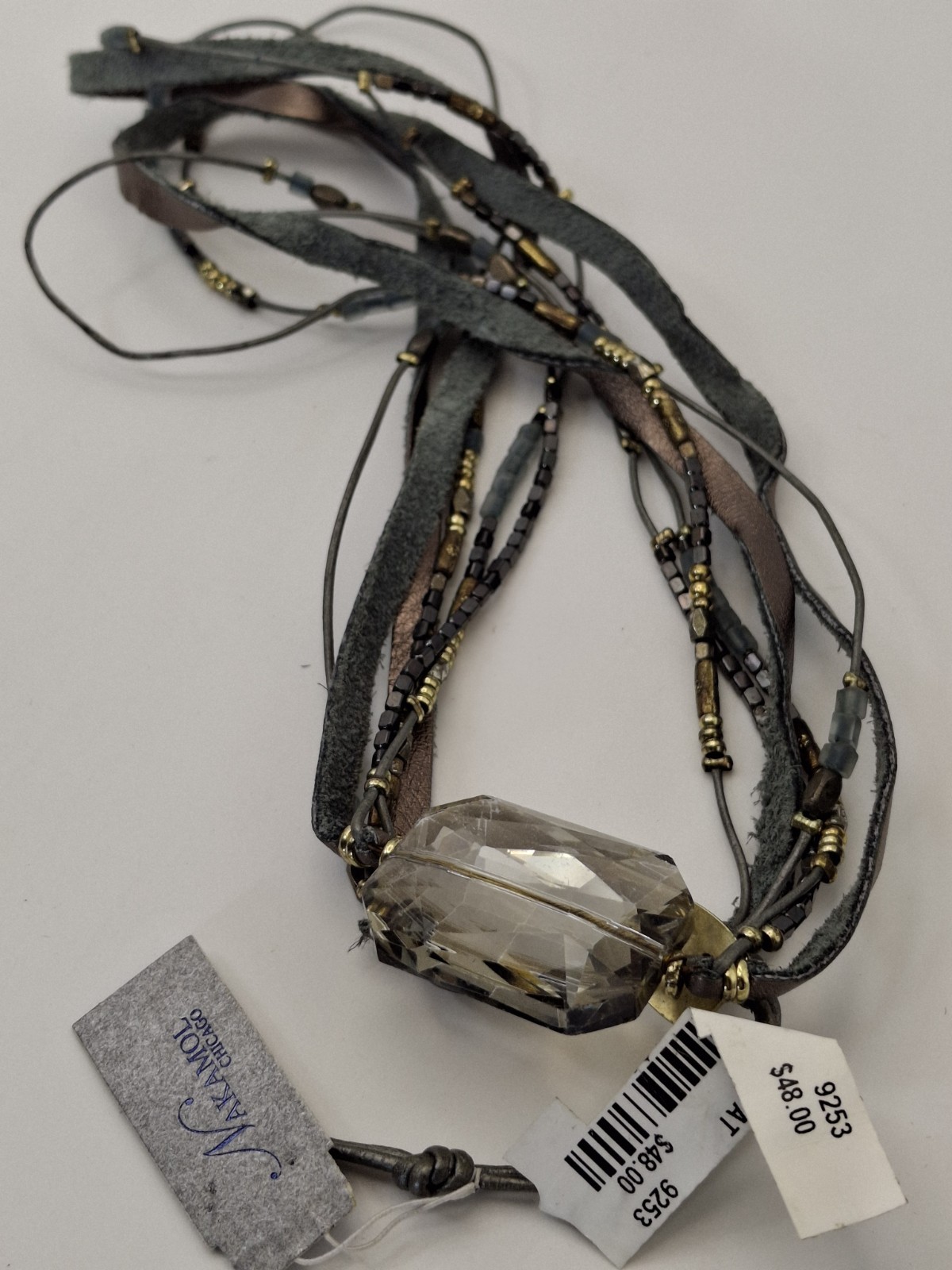 Nakamol Beaded Wrap Bracelet with Smokey Faceted Crystal focal gray leather