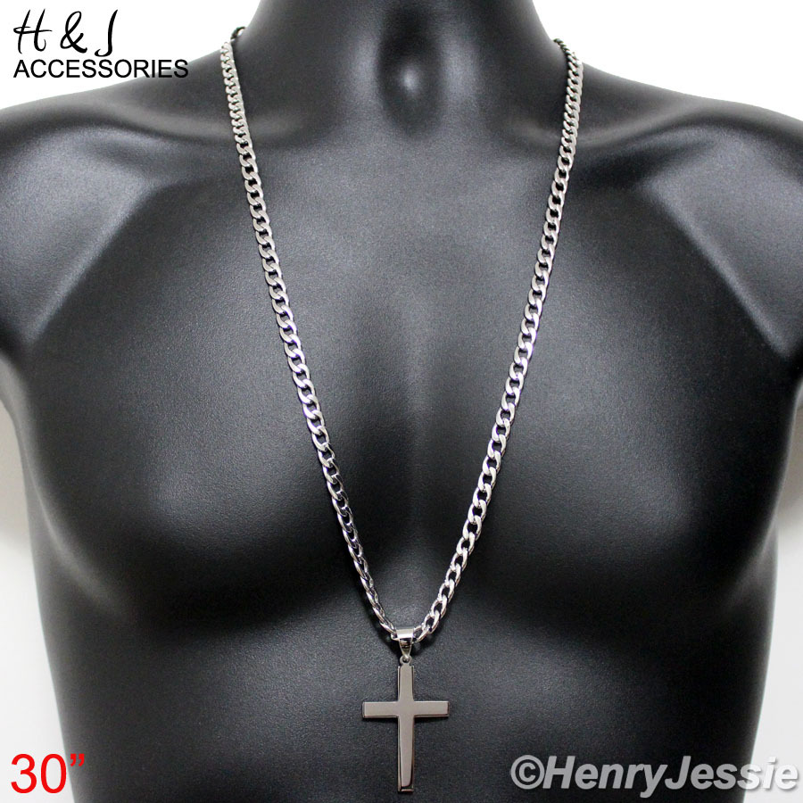 30″MEN Stainless Steel 6mm Silver Cuban Curb Chain Simple Plain Cross Pendant*64