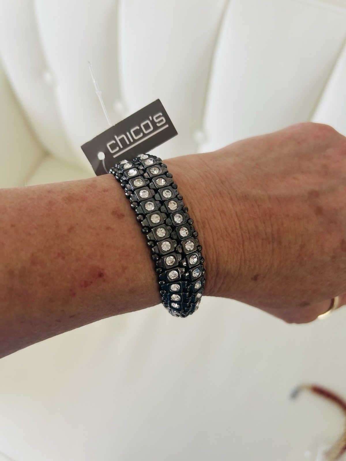 Chico’s Gunmetal Clear Rhinestone Stretch Bracelet Wide Crystal Cuff NWT
