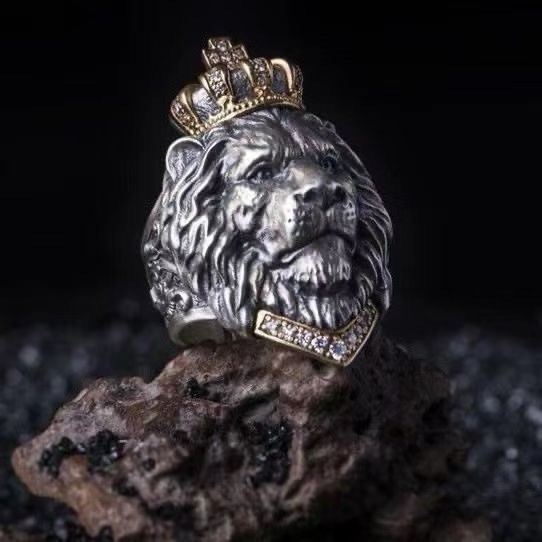 Retro Hip Hop Animal King Crow Lion Head Stainless Steel Adjustable Open Ring