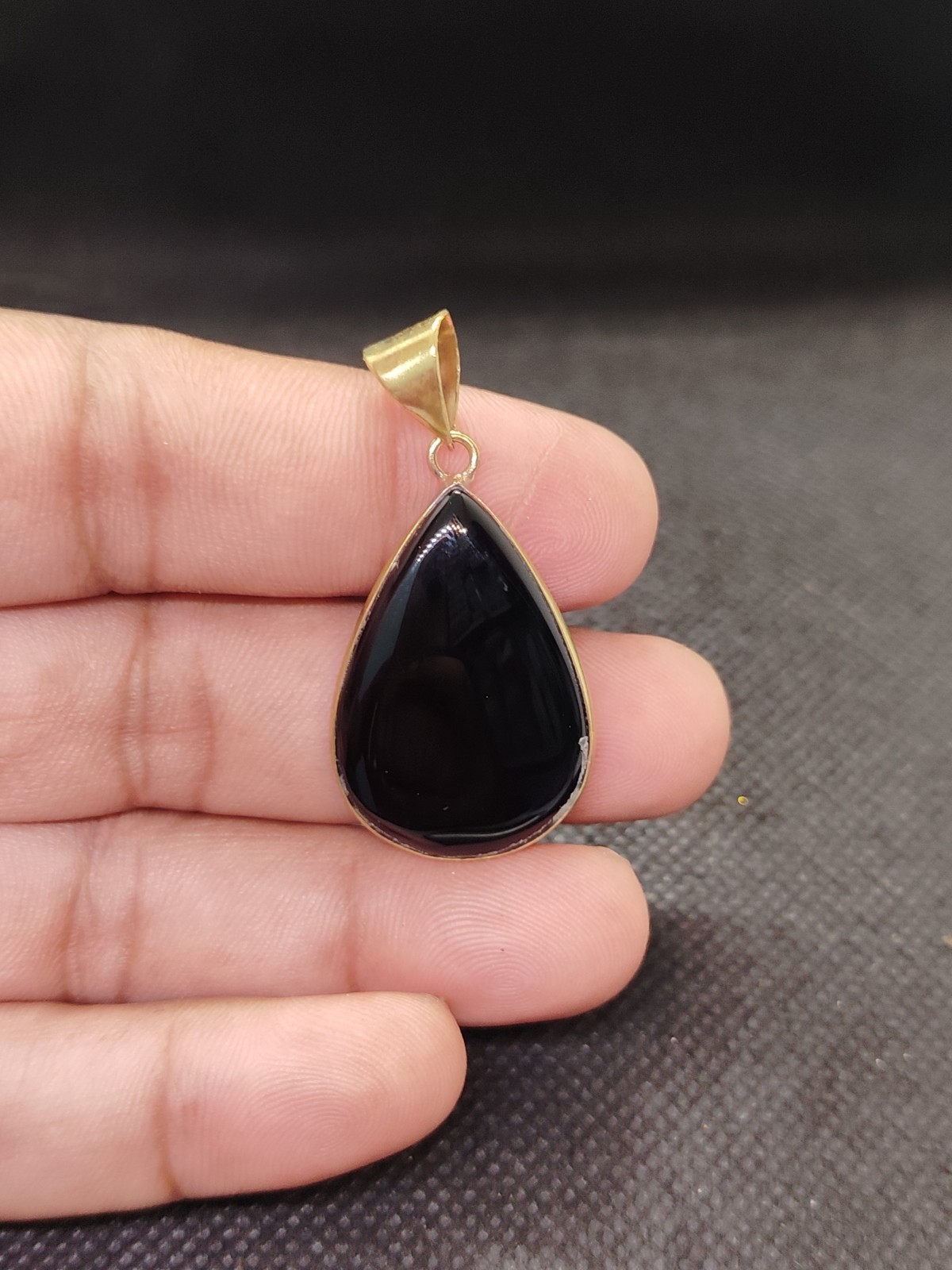 Black Onyx Brass Pendant Natural Gemstone Cabochon Handmade Boho Jewelry