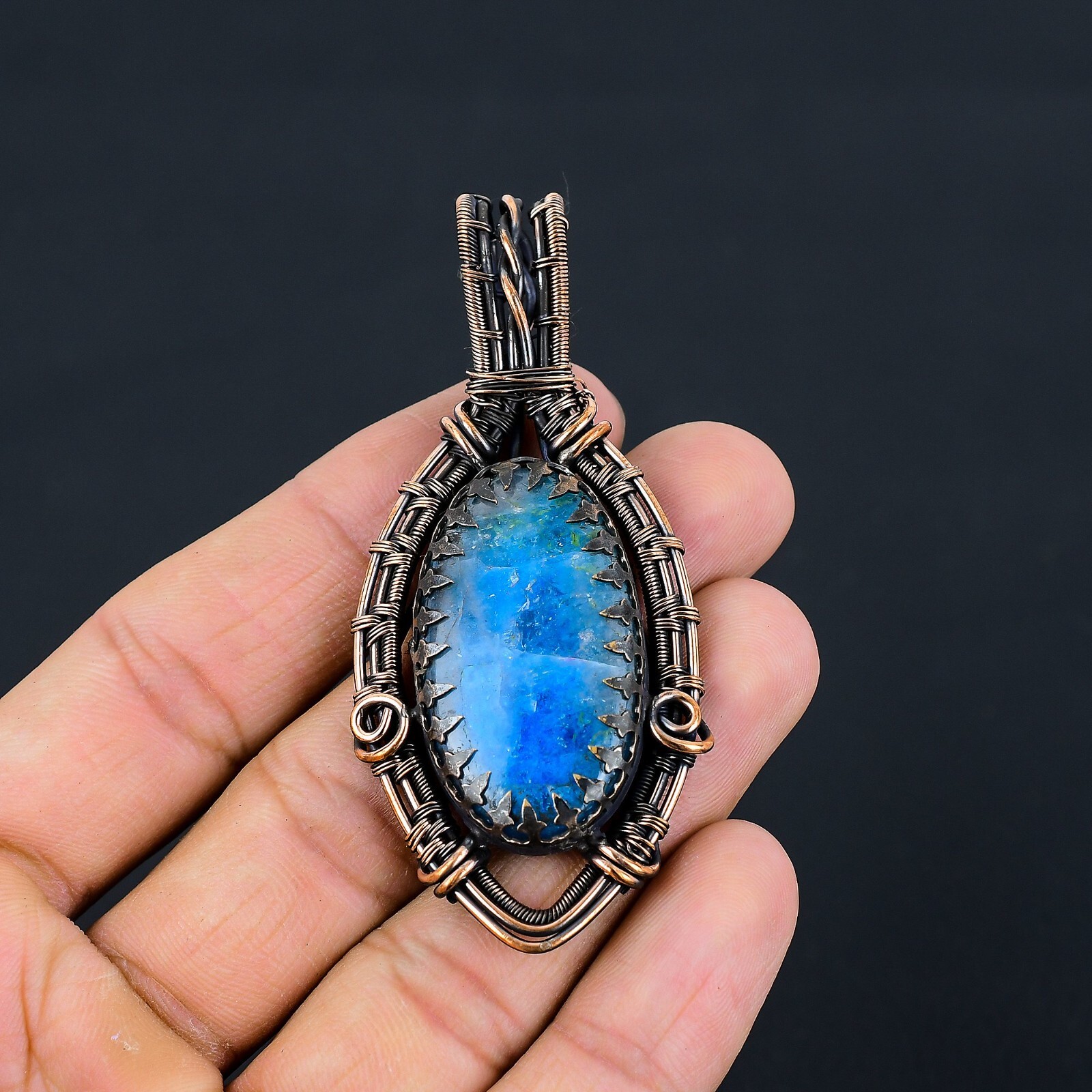 Neon Blue Apatite Handmade Gemstones Copper Wire Wrap Wedding Pendant Jewelry