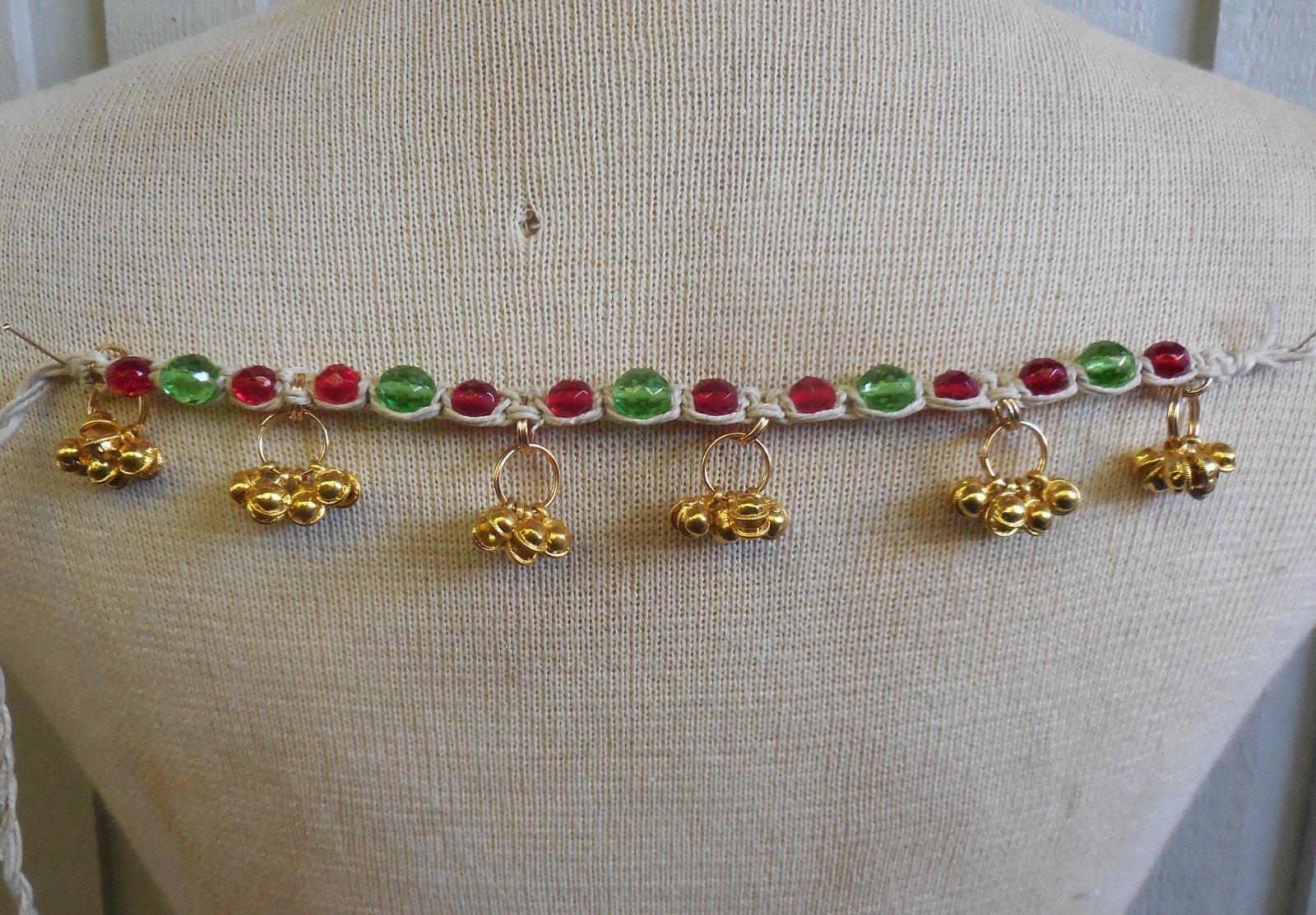 Rasta Hemp Anklet with Gold Bells, Czech Glass Beads Adjustable Macrame Jewelry