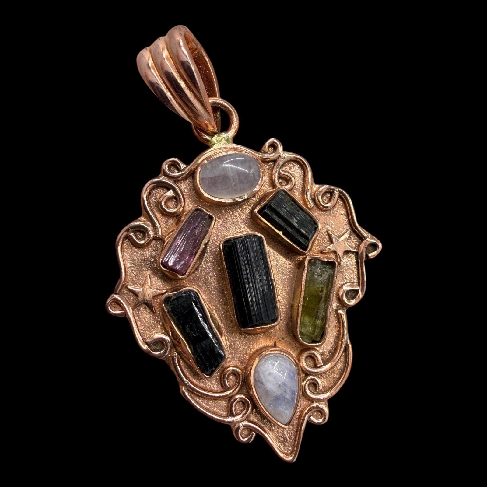 Multicolor Tourmaline Moonstone Copper Shield Pendant Handmade Pink Green Black
