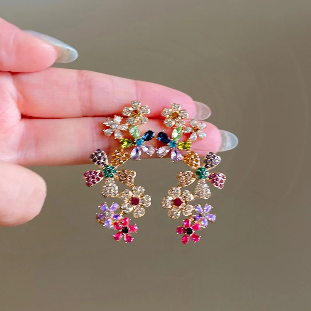Geometry Colored Zircon Flower Necklace Earrings Women’s Trendy Fashion Jewelry