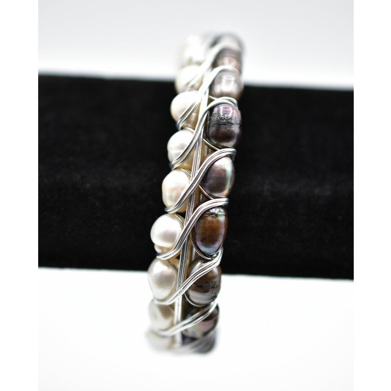 Vintage Cuff Bangle Bracelet Silver Gray White Black Pearl Beaded Chunky BinD