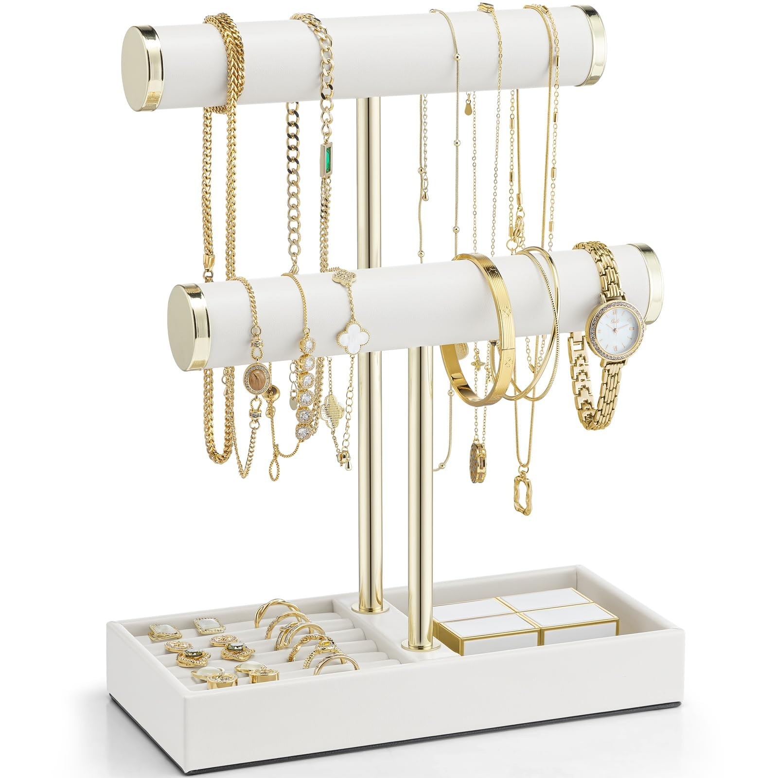 2 Tier Leather Jewelry Organizer Stand – Bracelet, Necklace, Ring & Earring Hold