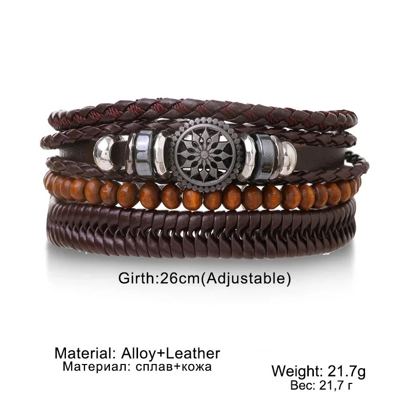4Pcs/ Set Braided Wrap Leather Bracelets for Men Vintage Life Tree Rudder Charm