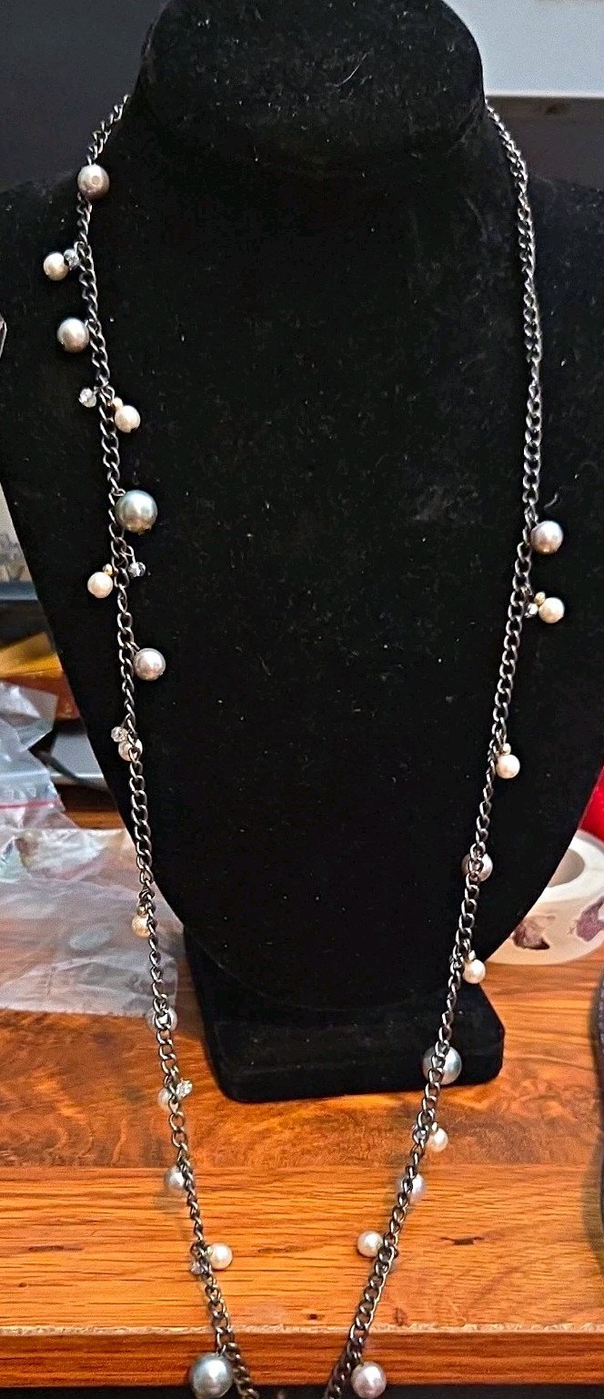 Silver Tone Cable Chain Necklace Faux Pearl Dangles Round Rhinestone Charm