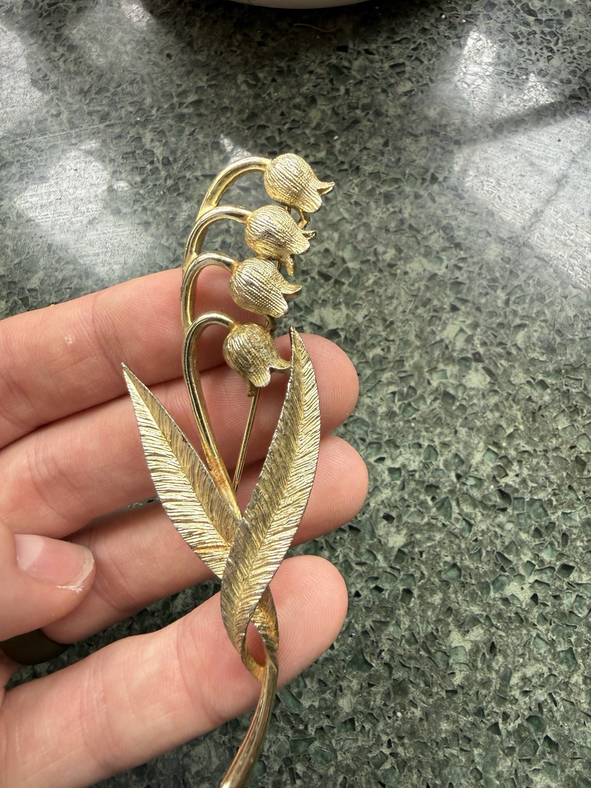 Gold Tone Lily of the Valley Flower Spray Brooch Pin, Metal, No Stone