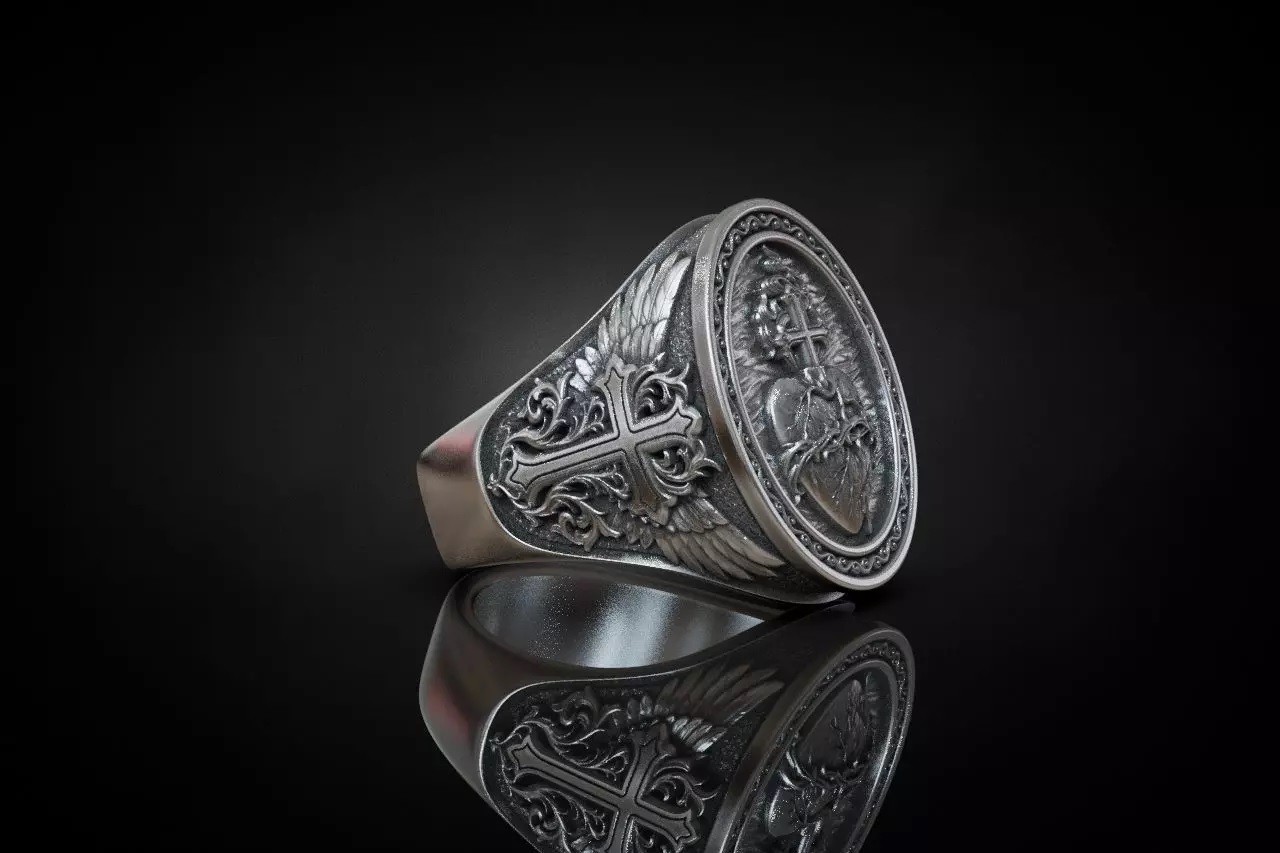 Oxidized Mens Sacred Heart Cross Gothic Punk 925 Sterling Silver Statement Rings