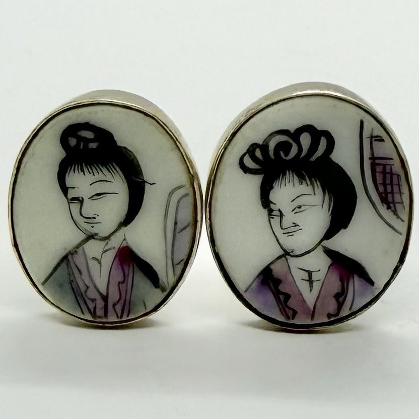 Vtg Chinese Export Painted Porcelain Shard Portrait 925 Bezel Earrings Omega
