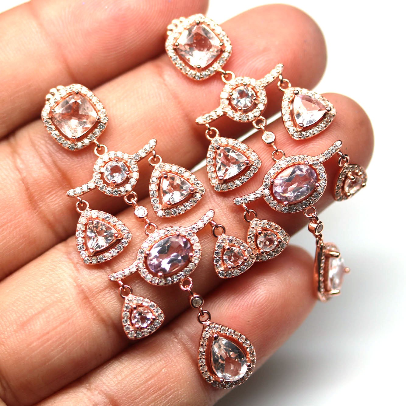 Thai Handmade 925 Silver Pink Morganite Topaz Zircon Earrings Rose Gold Plated
