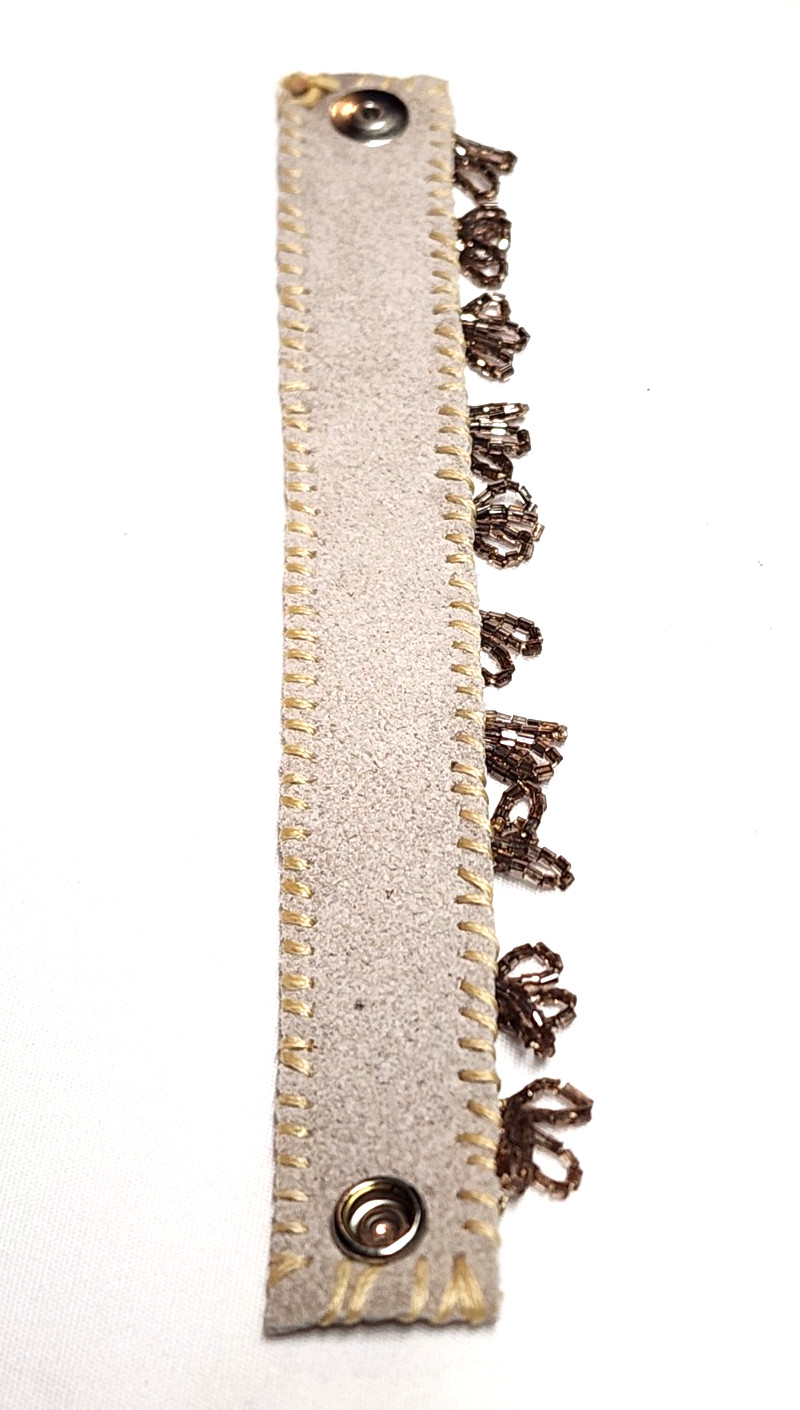 Handmade Cream White Genuine Leather Champagne Glass Beaded Cuff Bracelet Boho