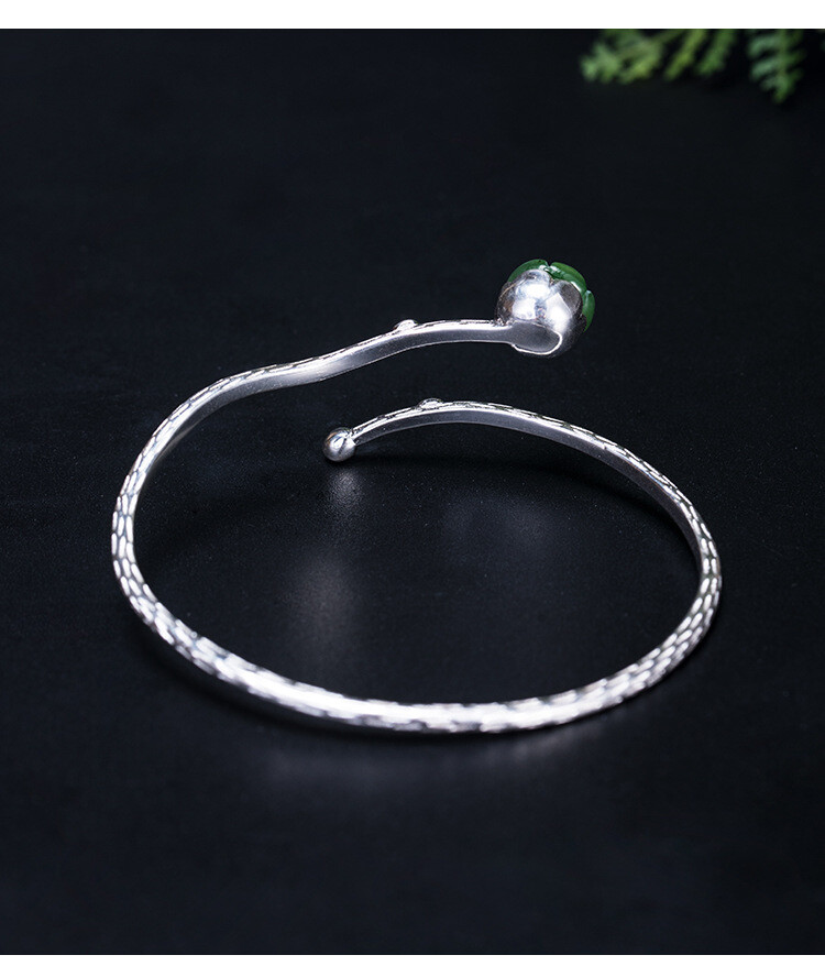 I04 Green Jade Rose Branch Bangle Bracelet 57mm Sterling Silver 925