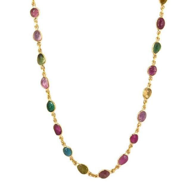 Multi Tourmaline Handmade Gold Polish 925 Sterling Silver Necklace 18″, Gift Her