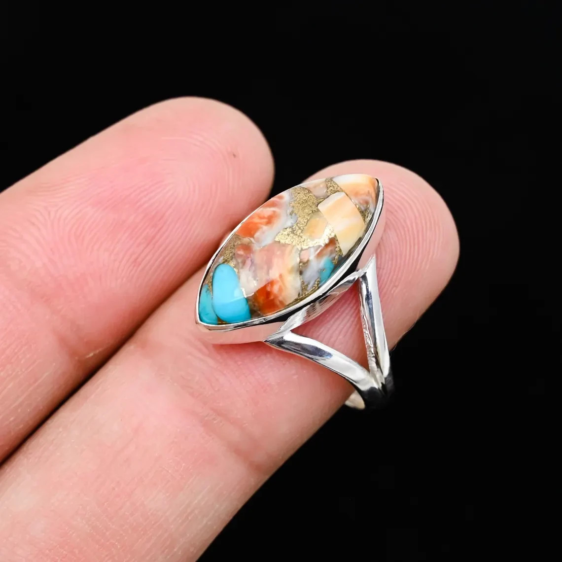 Oyster Copper Turquoise Marquise Ring 925 Silver Handmade Boho Ring Women’s Gift