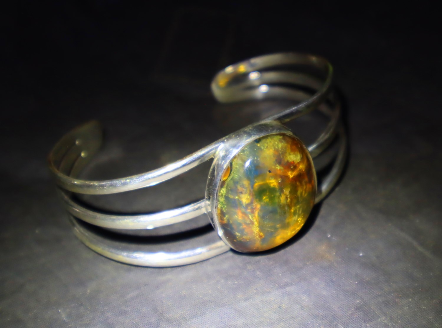Hugh Natural Clear Green Blue Amber solid .925 Sterling Silver Cuff Bangle 7inch