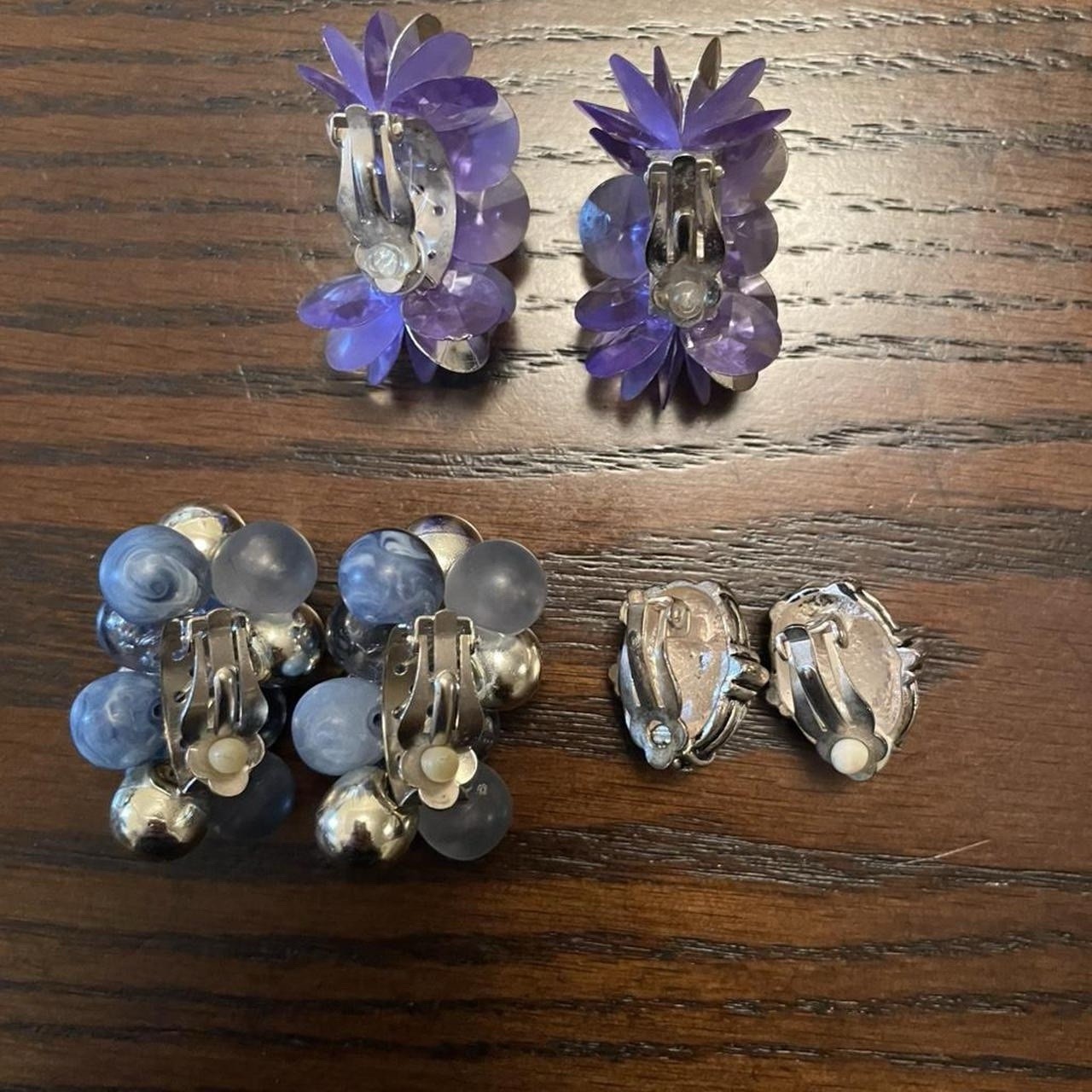 Vintage Women’s Clip-On Earrings Mixed Lot 3 Pairs Blue Silver Purple Metal