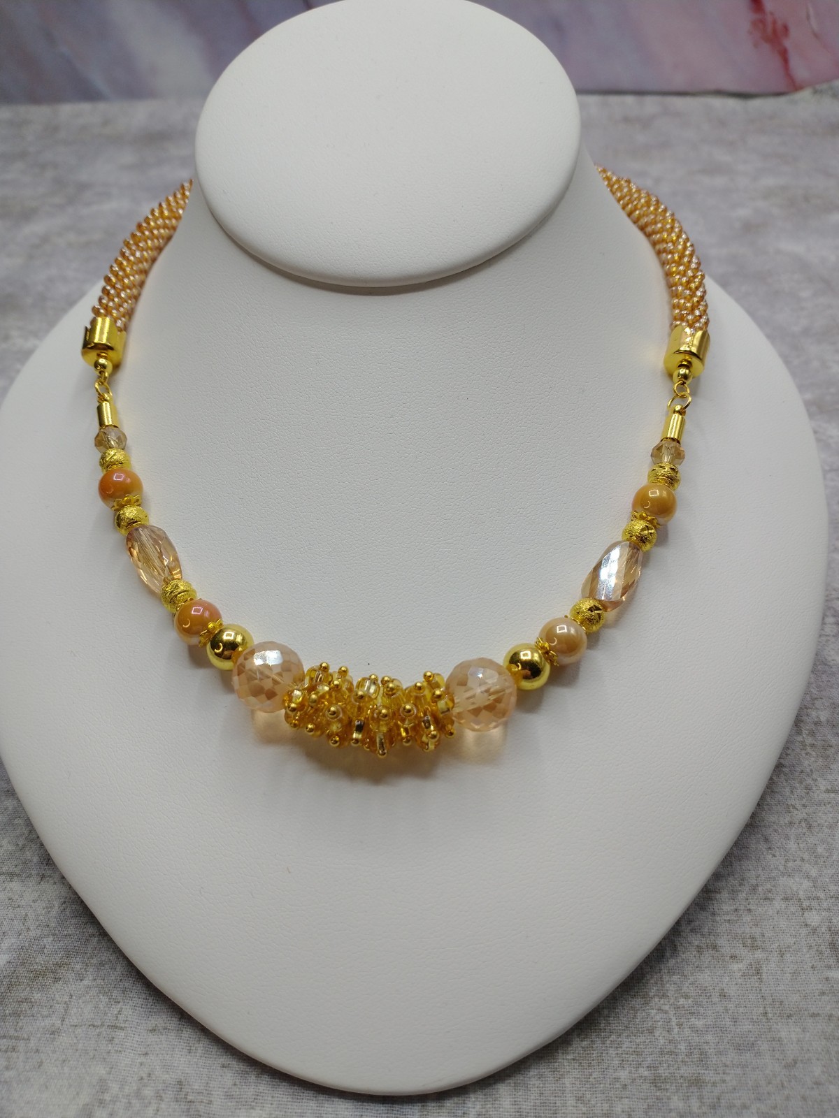 New Hand Crafted Spiral Bead Crochet Necklace, Cluster Beaded Necklace
