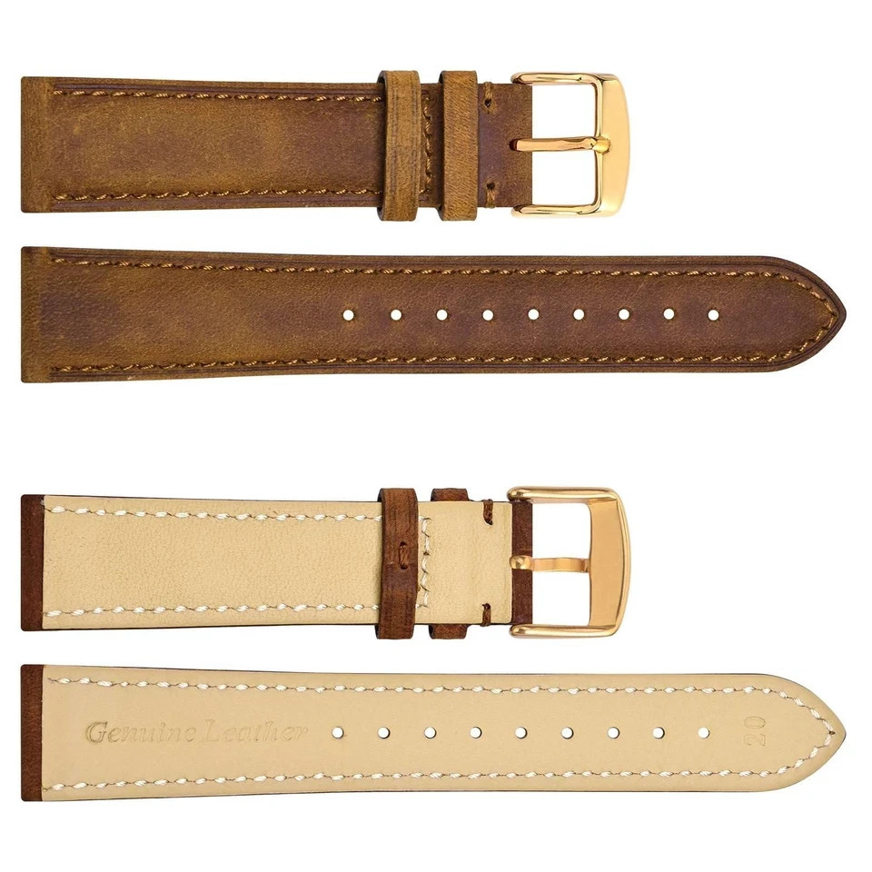 WOCCI 18mm Genuine Leather Watch Band with Gold Buckle (Caramel Brown)
