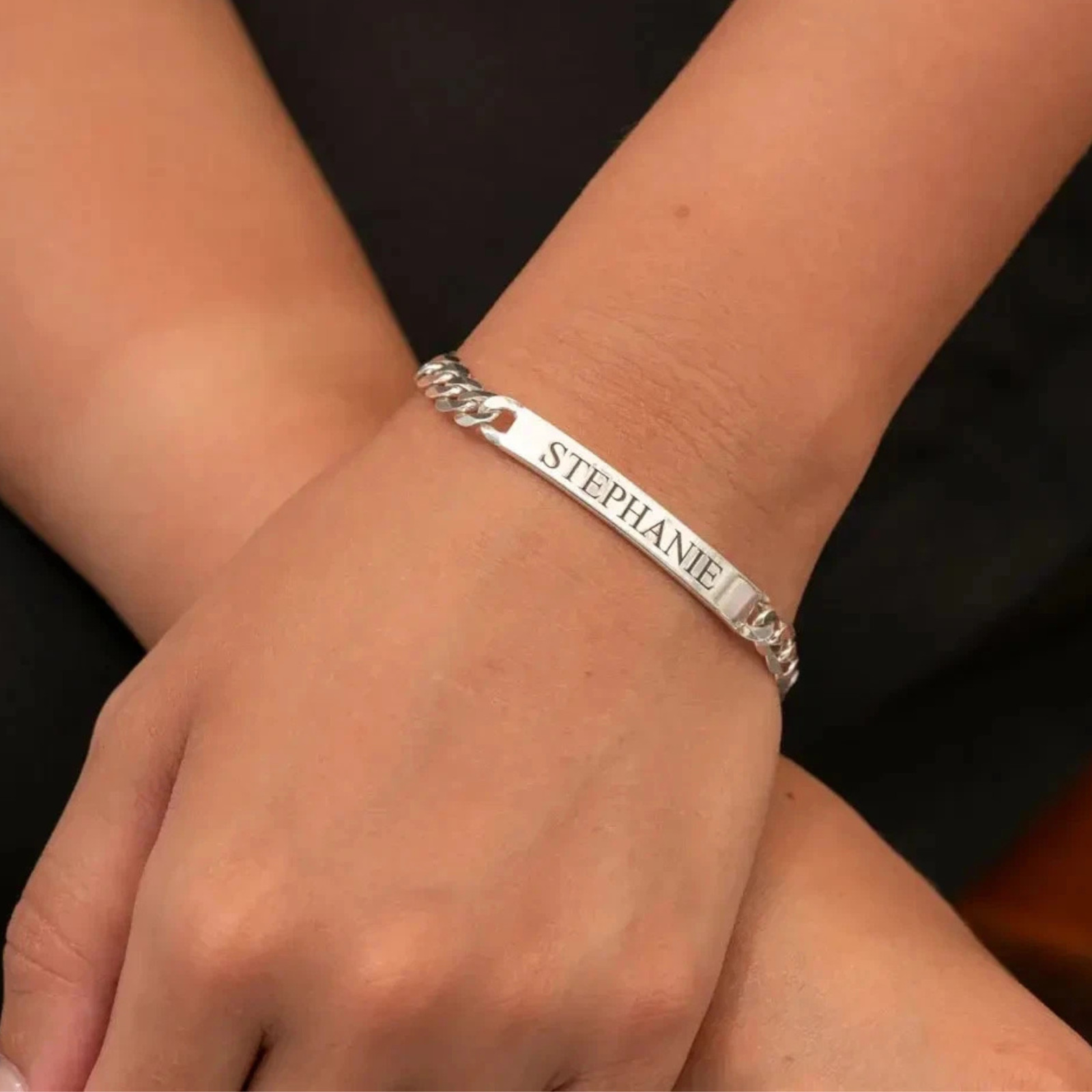 925 Sterling Silver Cuban Link ID Bracelet Personalized Engraved Name Bar Gift