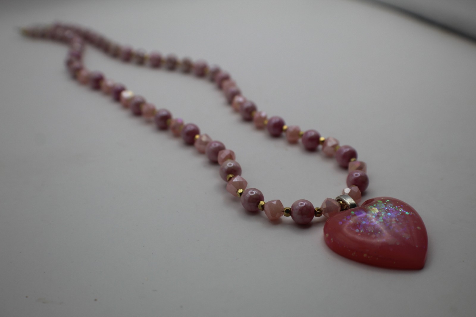 Beautiful Pink Resin Heart Shaped Pendant On A Matching Beaded Necklace