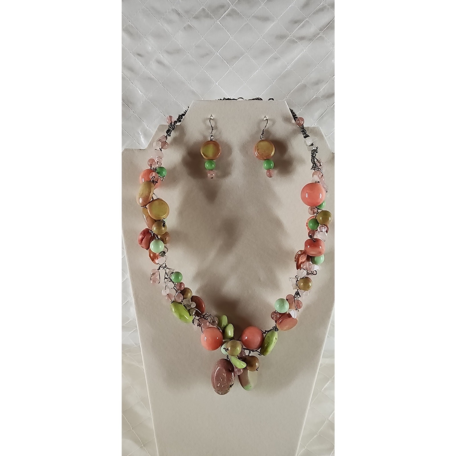 Handmade Artisan Gemstone Beaded Necklace Earring Set Pink Green Wire Wrap 20″